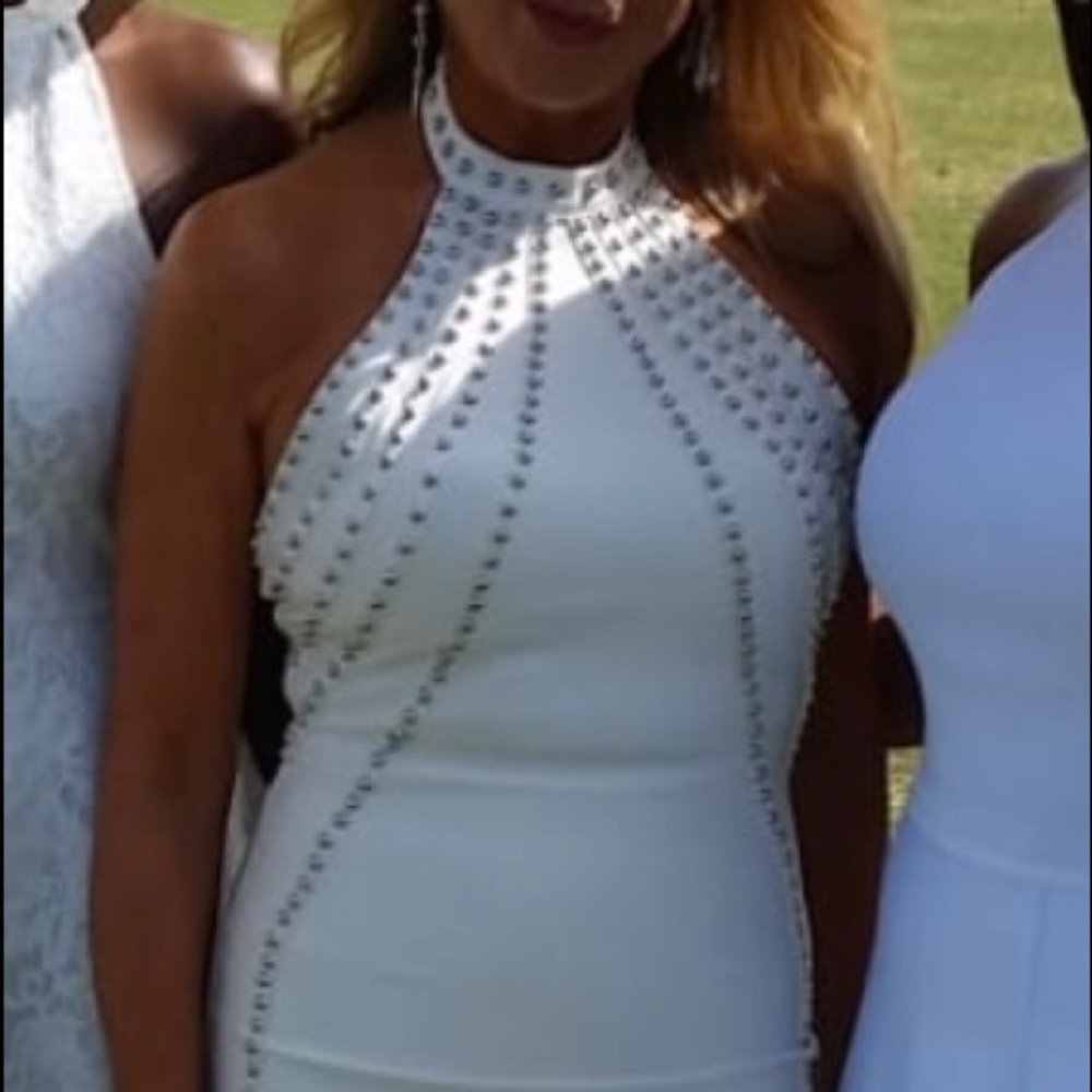 White knit halter mini dress with silver studs